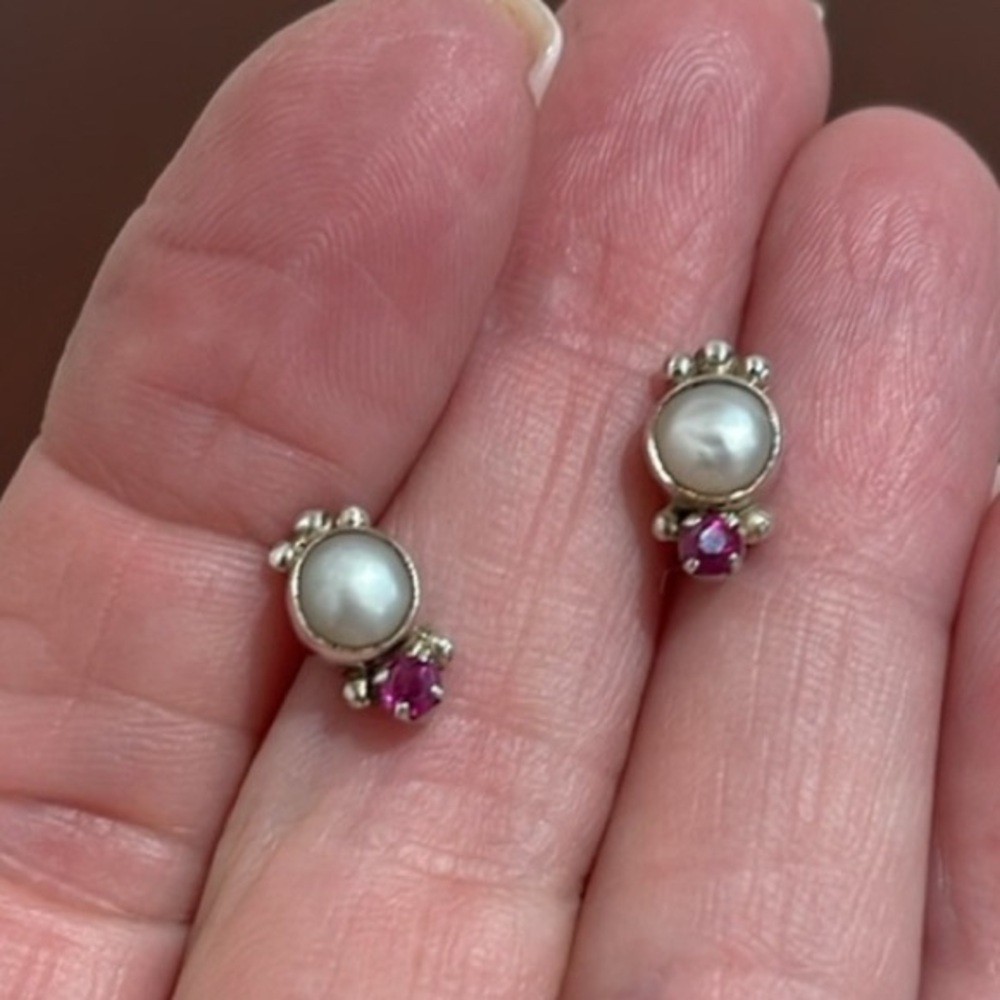 Sterling Silver, Pearl and Pink Stone Petite Post Back Earrings
